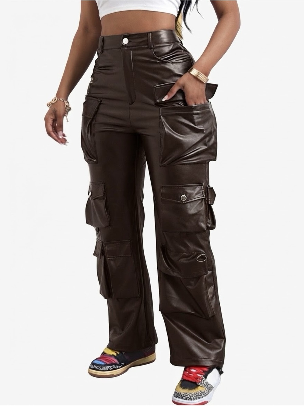 High-Rise Wide-Leg Faux Leather Cargo Pants - Dark Brown
